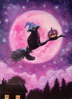 a painting of a black cat on a broom flying in the air with a full moon behind it