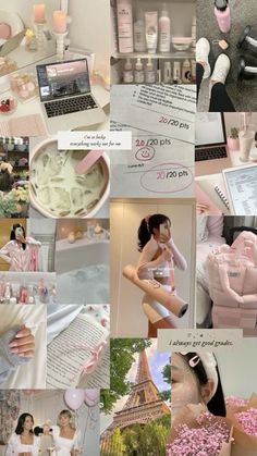 a collage of photos with pink and white items