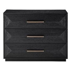 a black dresser with three drawers and two pulls on the front, one drawer open