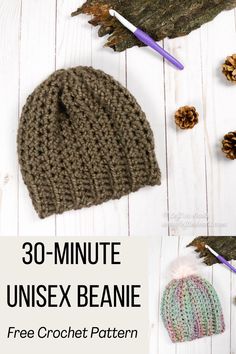 a knitted hat with the text 30 - minute unisex beanie free crochet pattern