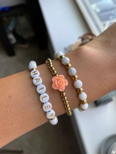 Elegant Personalized Rose Gold Beaded Bracelets, Personalized Rose Gold Beaded Bracelets, Personalized White Stretch Bracelet With Letter Beads, Adjustable Flower-shaped Bracelet With Letter Beads, Pink Flower-shaped Bracelet With Letter Beads, Flower Beaded Bracelet, Gifts For Brides, Handmade Beaded Bracelets, Heishi Bracelet