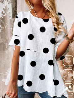 White Loose Casual Polka Dots Shirt Summer Polka Dot Crew Neck Top, Casual Polka Dot Blouse For Spring, Spring Short Sleeve Polka Dot Shirt, Polka Dot Long Sleeve Top With Relaxed Fit, Long Sleeve Polka Dot Top With Relaxed Fit, Polka Dot Cotton Shirt For Spring, Spring Cotton Polka Dot Shirt, Spring Polka Dot Cotton Shirt, Relaxed Fit Cotton Blouse With Polka Dot