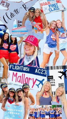 the collage has many different pictures of women holding signs and posing for photos with each other