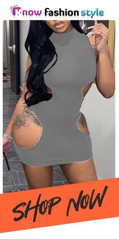 Grey Fashion Sexy Solid Hollowed Out O Neck Sleeveless Dress Orange Maxi Dress, Dress Sleeve Styles, Shiny Fabric, Hip Dress, Club Dresses, Grey Fashion, Wholesale Fashion, Gray Dress