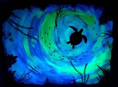 a painting of a turtle swimming in the ocean with green and blue colors on it