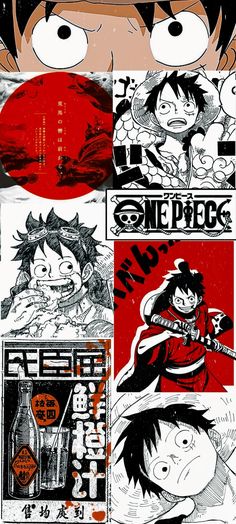 an image of anime character collages with red and black colors on them, including one