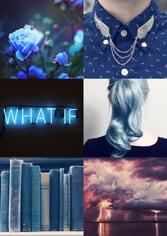 a collage with blue hair and books in the foreground, an illuminated sign that reads what if