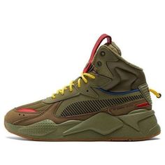 PUMA Rs-x Mid C Militia Wtr 'Green Red Yellow' 385521-01 (SNKR/Unisex/Mid Top/Training/Non-Slip/Shock-absorbing) Red Lace-up High-top Sneakers For Outdoor, Winter Lace-up Sneakers With Red Sole, Green Sporty Sneakers, Sporty Green Winter Sneakers, Green Sneakers With Red Sole For Sports, Green Winter Sports Sneakers, Casual Red High-top Sneakers For Outdoor, Green Lace-up Winter Sneakers, Green Sporty Sneakers With Red Sole