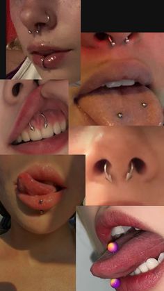 multiple images of different types of piercings on the lips and mouths, including nose rings