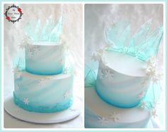 two pictures of a white and blue cake with snowflakes on the frosting