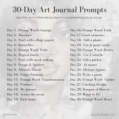 a poster with the words 30 - day art journal prompts written in black and white