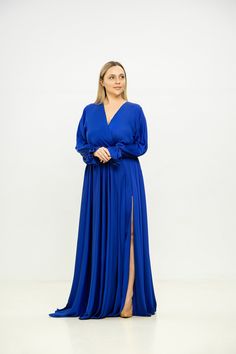 "This faux wrap dress is made of silky satin. You don't need to tie the dress, it has an elastic waist. Has separate elastic sash. All dresses are custom and I make the dress by your measurements, that's why it is very important to leave all measurements in the box \"personalization\". Please, see in my instruction \"How to measure\". If you have any questions about measurements, do not hesitate to ask about it, I will gladly help. You need to choose approximate size according to your bust measurements and then leave all needed measurements in box \"Personalization\". The sizes: XS, S, M, L, XL, 2XL, 3XL, 4XL, 5XL (see the Size Guide in the photo of this listing).  The standard length of this dress from the waist is 45 inches (115 cm). You can change dress length, sleeves length. The skirt Dress Long Sleeve Formal, Blue Dress Satin, Satin Dress Maxi, Long Sleeve Formal Dress, Evening Dress Plus Size, Sleeve Formal Dress, Short Flared Skirt, Long Flared Skirt, Blue Satin Dress