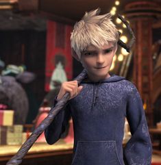 an animated character with blonde hair holding a tie in front of a room full of people