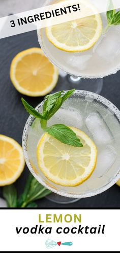 three lemon vodka cocktails with mint garnish on the rim