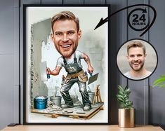 a man is smiling and holding a paintbrush in front of a poster with the image of a construction worker