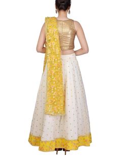 White Yellow Raw Silk Resham Lehenga Set - Trendroots Lehenga With Sheer Dupatta In Cotton Silk, Transitional Yellow Raw Silk Anarkali Set, Yellow Cotton Silk Anarkali Set For Wedding, Traditional Resham Embroidered Skirt, White Chanderi Choli For Transitional Season, Transitional White Raw Silk Lehenga, Yellow Tissue Silk Sets For Transitional Season, Cotton Silk Lehenga With Dori Work For Reception, Reception Cotton Silk Lehenga With Dori Work