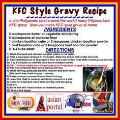 an advertisement for the kfc style gravy recipe with pictures of different ingredients