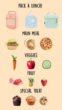 a poster with different types of food and words on it that say, pack a lunch main meal veggies fruit special treat