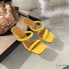 Lasaky - Women's Heeled Sandals Featuring Yellow Buckles Yellow Open Toe Party Sandals, Yellow High Heel Sandals For Summer, Yellow Sandals With Single Toe Strap For Evening, Summer Yellow Heels With Buckle Closure, Yellow Evening Sandals For Spring, Elegant Yellow Sandals For Summer, Yellow Sandals With Heel Strap And Single Toe Strap, Yellow Open Toe Slingback Sandals For Spring, Yellow Round Toe Sandals For Evening