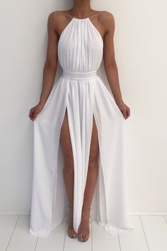 White Maxi Front Split Metal Neck Hoop Gown Dress White Prom Dress Long, Formal Dresses Australia, Backless Formal Dresses, Sport Food, White Dress Formal, Prom Dresses Simple, Halter Prom Dresses, Dresses Australia, White Prom Dress