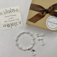 Enjoy 10% off as I celebrate 10 years on Etsy! This lovely First Communion bracelet and earrings set is sure to be the perfect gift! The beautiful bracelet also doubles as a single decade rosary. This classic bracelet has been a big seller as First Communion jewelry, Confirmation jewelry, Easter bracelet, Flower Girl gift, Maid-of-Honor jewelry, Bridesmaids matching bracelets, Mother-of-the-Bride jewelry, Godmother gift, and as Bridal jewelry. Description: -Bracelet measures 5 ½ inches plus a 1- Mother's Day Adjustable Jewelry Sets Gift, Mother's Day Gift Adjustable Jewelry Sets, Adjustable Sterling Silver Jewelry Sets For Gifts, Hypoallergenic Round Bead Jewelry For Birthday Gift, Hypoallergenic Round Bead Jewelry As Birthday Gift, Adjustable Dangle Jewelry For Birthday Gift, White Sterling Silver Rosary Bracelet Gift, Round Beads Jewelry For Birthday Gift, Adjustable Jewelry Sets With Matching Earrings, Ideal For Gifts