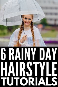 Rainy Day Hairstyles We Love | Does your hair get frizzy on hot, humid, and/or rainy days? Mine too! We’re sharing our best frizz fighting tips, hacks, products, and natural home remedies, as well as some super cute and easy hairstyles for short hair, shoulder-length hair, and for long hair. From the perfect updo, to messy buns, to adorable half up looks, to sleek braids, these styles and hair tutorials are perfect for work and for school! #frizzyhair #frizzyhairstyles #frizzyhairsolution Hairdo For Rainy Day, Rainy Wedding Hair Guest, Rain Friendly Hairstyles, Rainy Concert Hair, Rainy Day Hairstyles Medium Easy Hair, Hair For A Rainy Day, Updo For Rainy Day, Hairstyles For When Its Raining, Rainy Day Hairstyles For Work