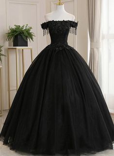 Black Off Shoulder Tulle Ball Gown with Lace Sweet 16 Dress, Black Long Evening Dress Black Long Evening Dress, Off Shoulder Tulle, Long Black Evening Dress, Sweet 16 Dress, Black Ball Gown, Lace Ball Gowns, 16 Dress, Black Off Shoulder, Black Dress Formal