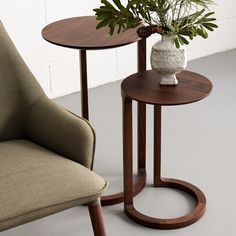 two small tables with plants in them sitting on the floor next to a chair and rug