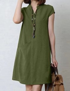 MiKlahFashion army green / S  Fashion Summer Women Dress V Neck Short Sleeve Solid Cotton Sundress Casual OL Work Knee-length Robe Femme