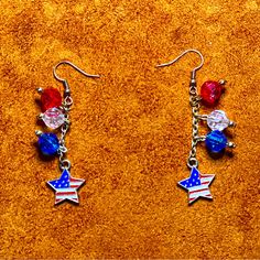 Patriotic Earrings - Red White & Blue With Star Pendant Blue Patriotic Earrings For Independence Day, Patriotic Blue Earrings For Independence Day, Patriotic Red Star-shaped Earrings, Patriotic Multicolor Dangle Jewelry, Patriotic Drop Earrings For 4th Of July, Patriotic Earrings For 4th Of July, Patriotic 4th Of July Earrings, Patriotic Multicolor Earrings For Independence Day, Patriotic Dangle Earrings For Independence Day