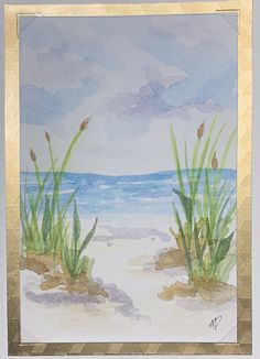 watercolor painting of grass on the beach with blue sky and clouds in the background