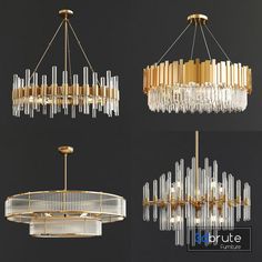 four chandeliers with different shapes and sizes