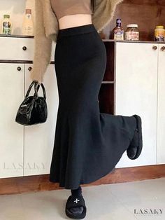 Lasaky - Contemporary Knitted High-waisted Midi Skirt with Stylish Design and Flattering Silhouette Knitted Midi Skirt, Fitted Midi Skirt, Bodycon Midi Skirt, Lace Midi Skirt, Black F, Fishtail Skirt, Skirts Midi High Waisted, High Waisted Pencil Skirt, Knit Midi Skirt