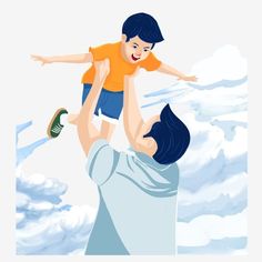 a man holding a child on his shoulders in the air with clouds behind him and blue sky above