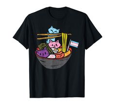 a black t - shirt with an image of cats eating ramen