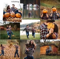 a collage of photos with people holding pumpkins and posing for pictures in the fall