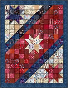 a quilt with red, white and blue stars on the top is shown in this image