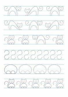 an exercise sheet for children to practice handwriting with cats and hearts on the lines, which are