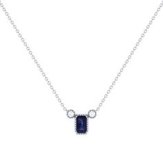 Our Emerald Cut Sapphire & Diamond Birthstone Necklace gives your style a refreshing edge. Crafted in 14K Gold  for the refined modern woman. Birthstone Necklace for Women Metal: 14K Gold (White / Yellow) Gem Type: Emerald Cut Sapphire Gemstone (0.39 CTTW) Diamonds: Natural Round Shape (0.04 CTTW) Diamond Color/Clarity: GH/SI1 Setting: Bezel with Milgrain Chain: 18 inch with jump rings at 16 & 17 inches. Elegant Sapphire Necklace With Emerald Cut, Elegant 14k Gold Necklaces With Gemstone Accents, Luxury Sapphire Necklace With Gemstone Accents, Elegant Emerald Cut Sterling Silver Diamond Necklace, Elegant Sapphire Necklaces With Gemstone Accents, Formal Sapphire Necklace With Gemstone Accents, Sapphire Necklaces With Accent Stones For Formal Occasions, Formal Sapphire Necklaces With Accent Stones, Elegant Sapphire Necklaces