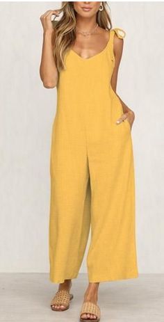 Summer Solid V-neck Jumpsuits And Rompers, Yellow V-neck Jumpsuits And Rompers For Work, Summer Workwear Jumpsuits And Rompers With V-neck, Casual Solid Color Jumpsuits And Rompers For Brunch, Casual Sleeveless Jumpsuits And Rompers For Brunch, Sleeveless Casual Jumpsuits And Rompers For Brunch, Yellow Jumpsuit, Fitted Romper