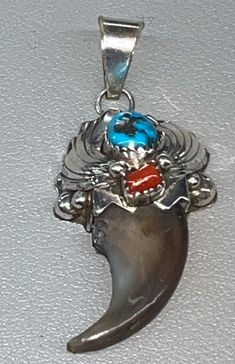 Navajo handmade sterling silver pendant 2" tall Bear Claw Necklace, Claw Necklace, Silver Bear, Bear Claw, Coral Pendant, Coral Turquoise, Handmade Sterling Silver, Sterling Silver Pendant, Pearl Jewelry