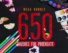 there is a sign that says 350 brushes for procreate on the table with art supplies