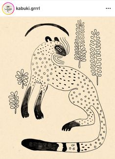 an animal is depicted in this black and white drawing, with flowers on the side