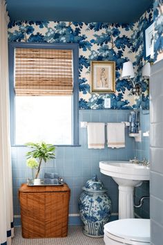 a bathroom with blue and white wallpaper has a plant on the counter next to the toilet