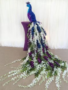 a peacock made out of flowers sitting on top of a purple chair with white and blue flowers around it