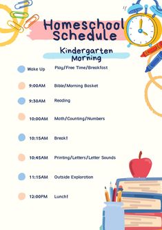 a poster with an apple, books and pencils on top of it that says homeschool schedule