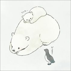 a polar bear laying on top of a penguin