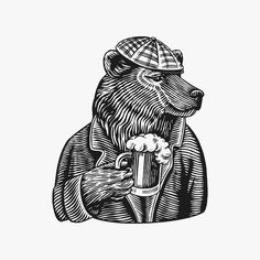 a bear wearing a hat and holding a beer in his hand, vintage engraving style