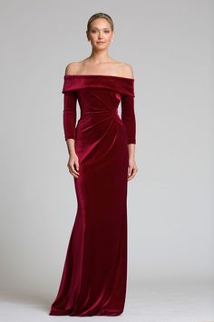 Color_Wine Burgundy Velvet Dress, Velvet Bridesmaid Dresses, Teri Jon, Shoulder Stretch, Mother Of Groom Dresses, Velvet Gown, Mob Dresses, Burgundy Velvet, Column Gown