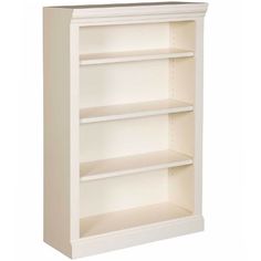 a white bookcase with three shelves and no doors on the bottom shelf is shown